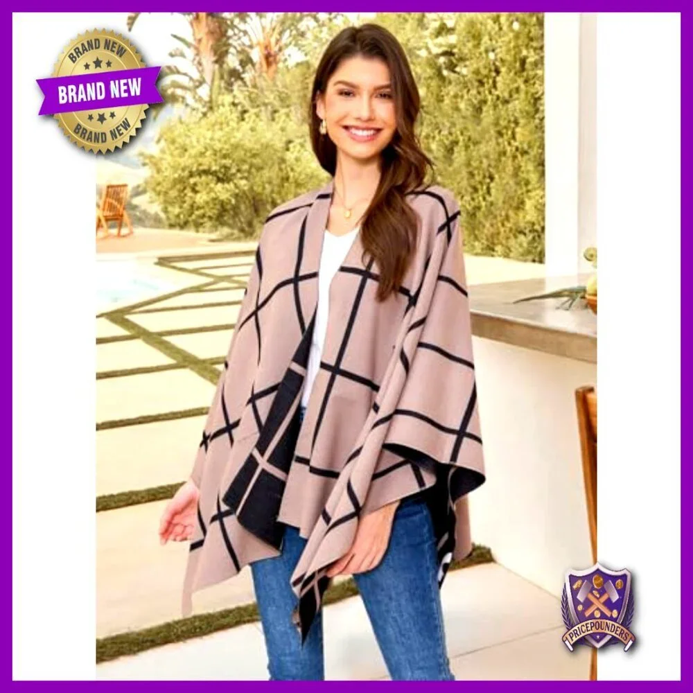 Classic Check Poncho Shawl Wrap Elegant Cashmere-Like Viscose Polyester Cape